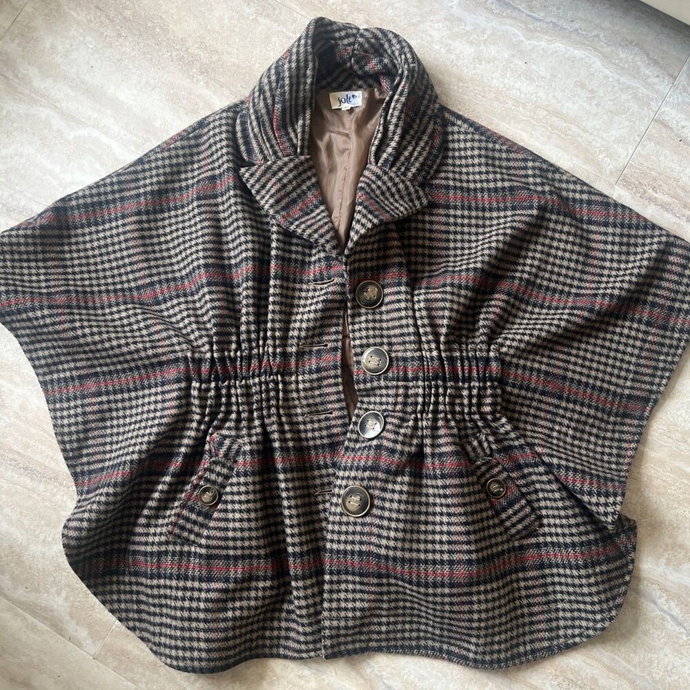 Jolt Cape Beige /Black Plaid ~ Buttons & Cinched Waist Fully Lined Poncho Sz M/L